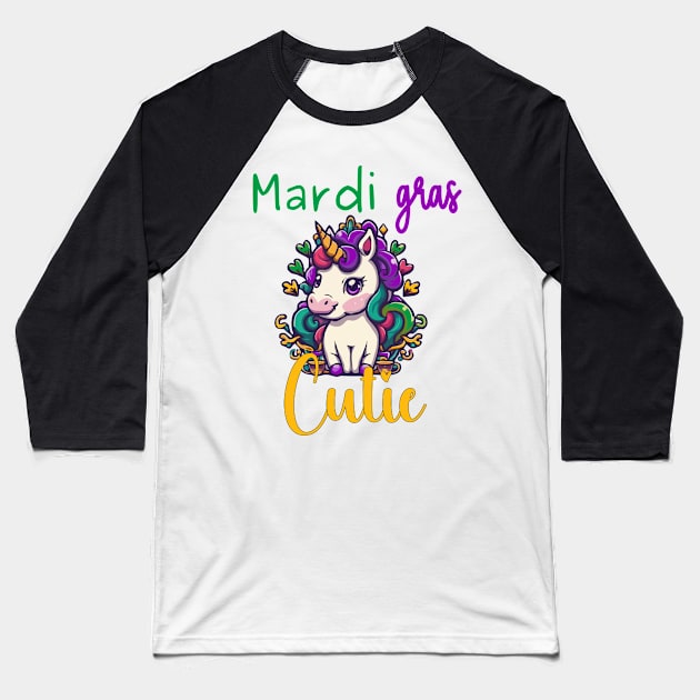 Mardi Gras Cutie Unicorn Baseball T-Shirt by JFE Designs